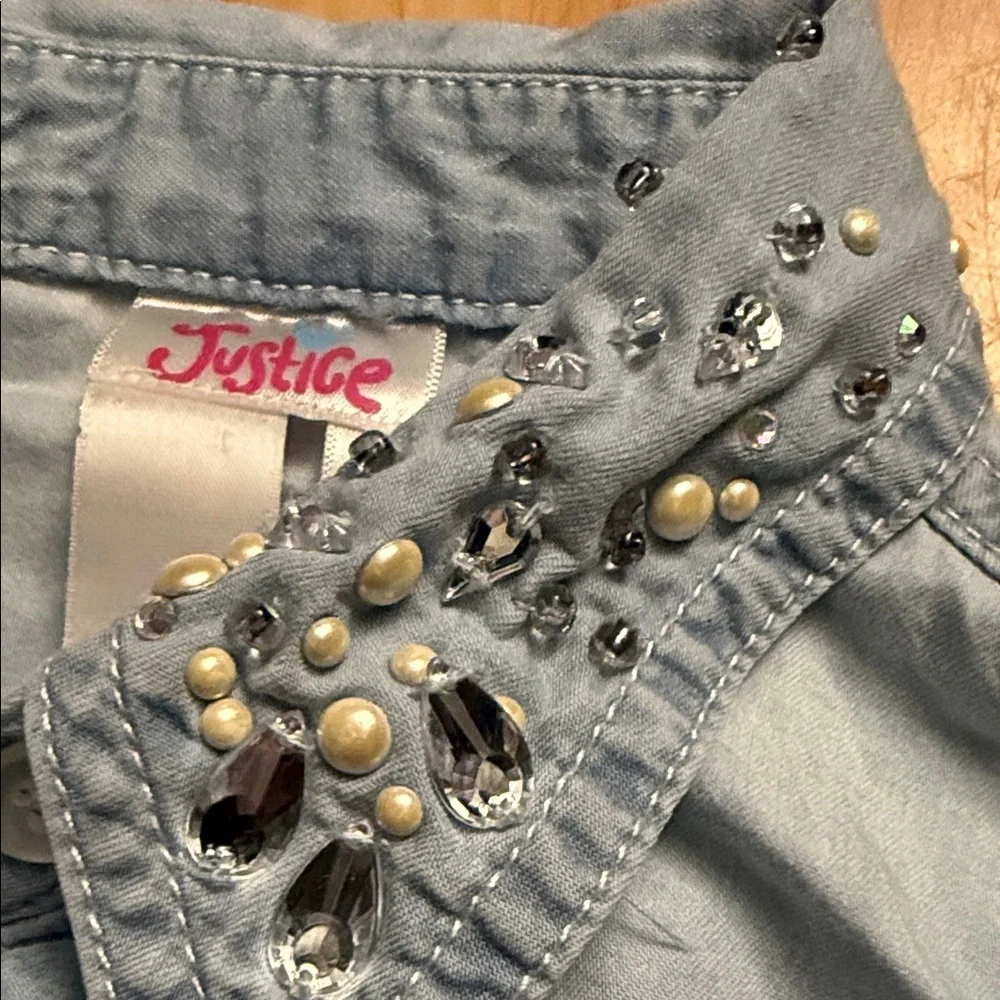 Justice Light Blue Denim Kids Shirt with Embellished Collar